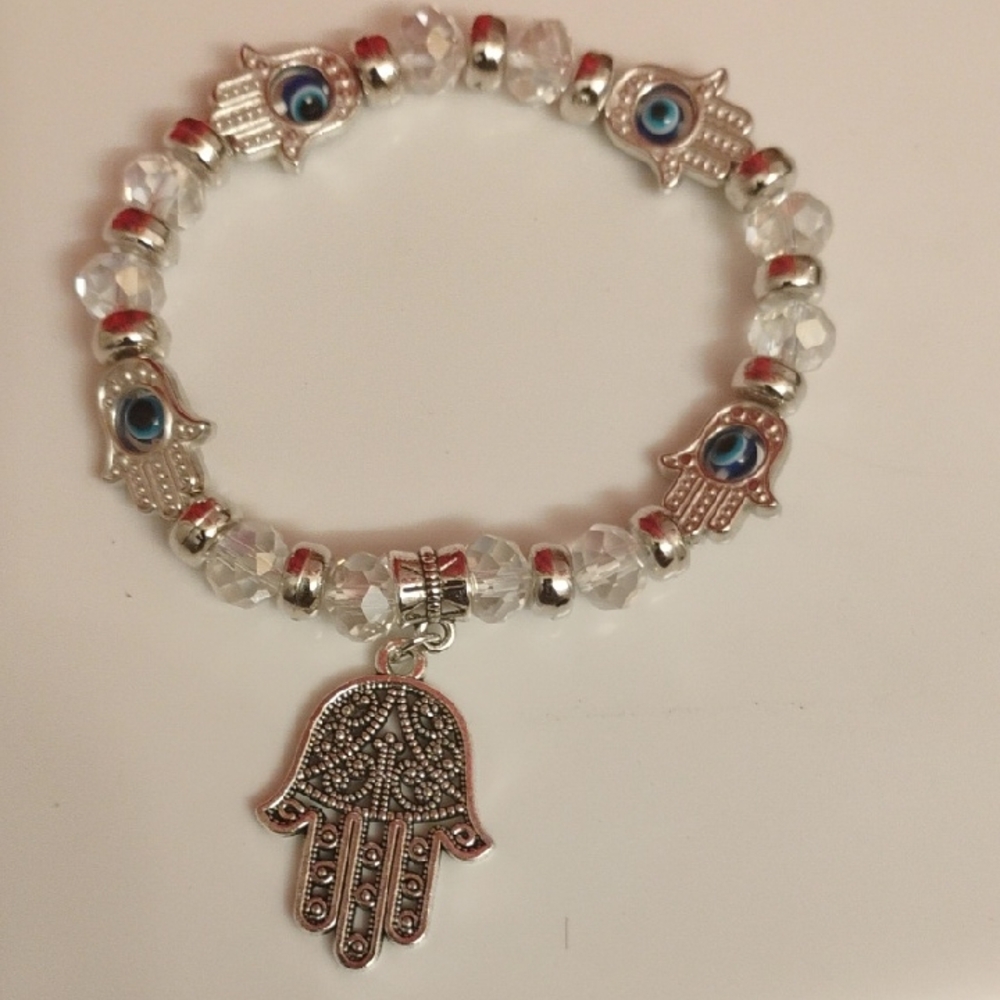 Silver Hamsa Hand Bracelet with Blue Accents